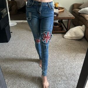 Blue Skinny Jeans with Flag Patch Knee Detail